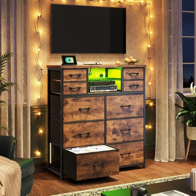 Dresser for Bedroom with 10 Drawers Featuring LED Light and Power Outlet, Fabric Dressers & Chest of Drawers with Open Shelves for Hallway, Living Room, Steel Frame,Wood Top, Rustic Brown