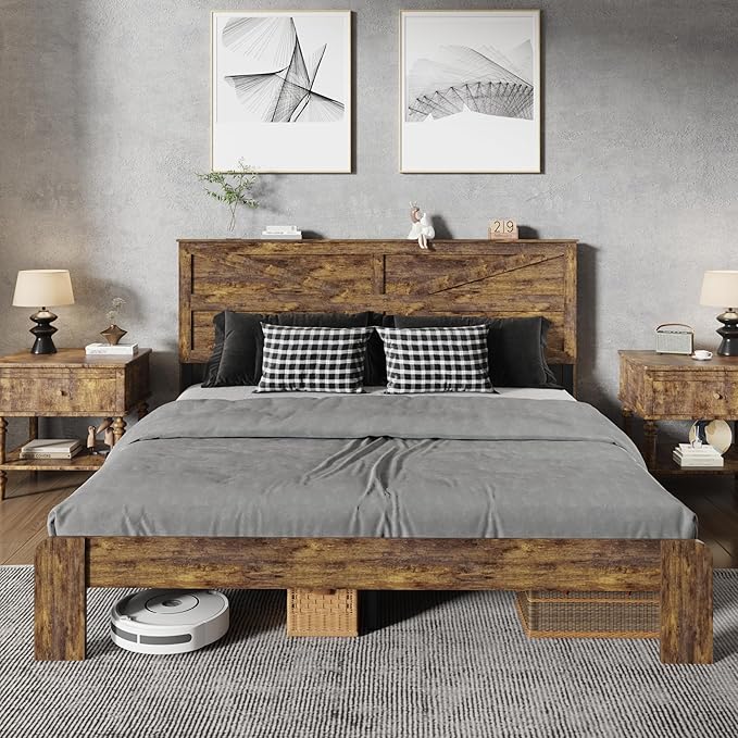 King Size Bed Frame with Farmhouse Headboard, Rustic Boho Wooden Bedframe with LED Lights and Charging Station, Easy Assembly, No Box Spring Needed (Brown, King)
