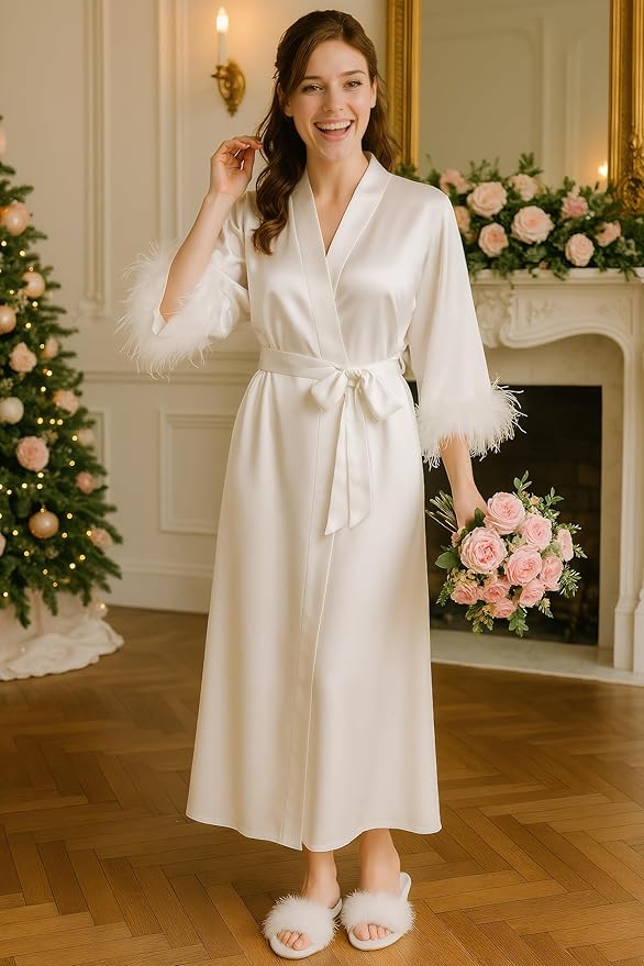 PRODESIGN Satin Kimono Robe Long Silky Bathrobe with Ostrich Feather Trim Sleepwear Wedding Bridesmaid Dressing Gown