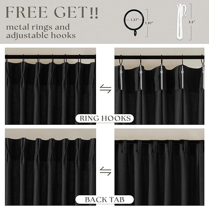 Black Pinch Pleated Linen Cafe Curtains 45 Inch Length 2 Panels for Dining Room Kitchen Bedroom Semi Sheer Pleat Drapes with Hooks Rings Light Filtering Short Window Curtain Cabinet 40x45