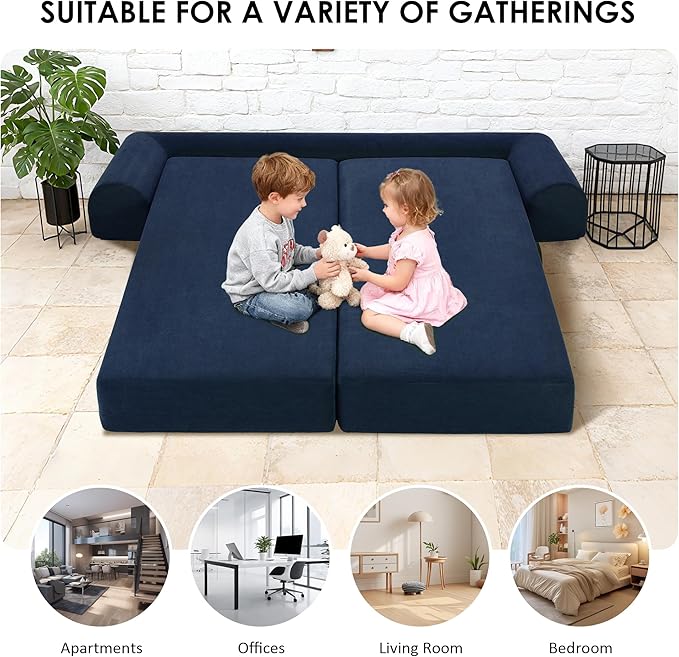 80" Convertible Sofa Bed, 3-in-1 Corduroy Folding Pull Out Couch with Pillows, No Assembly Modern Boneless Couch Compression Sofa in Box, Floor Sofa with Side Storage Pocket for Living Room,Navy Blue