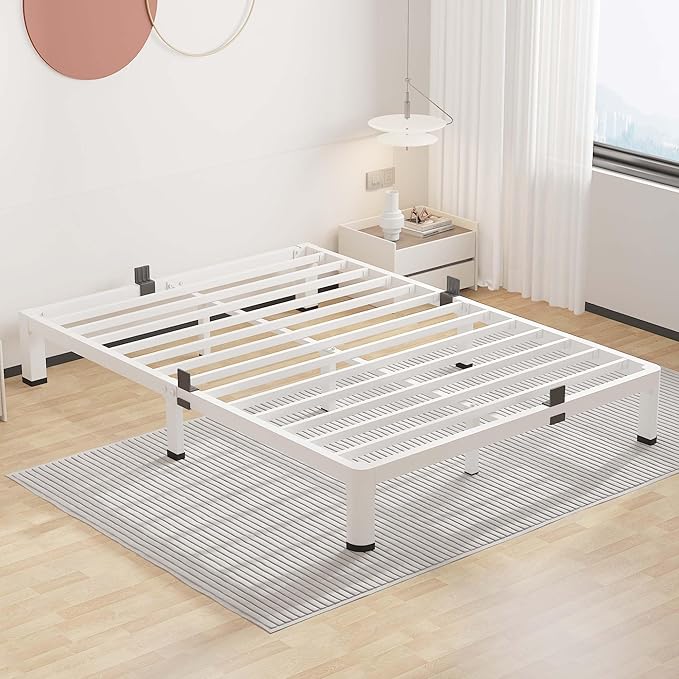 ROIL 10 Inch White Full Bed Frame with Rounded Corner and Mattress Retainers, 3500LBS Heavy Duty Steel Slats No Box Spring Needed Platform Noise-Free Easy Assembly