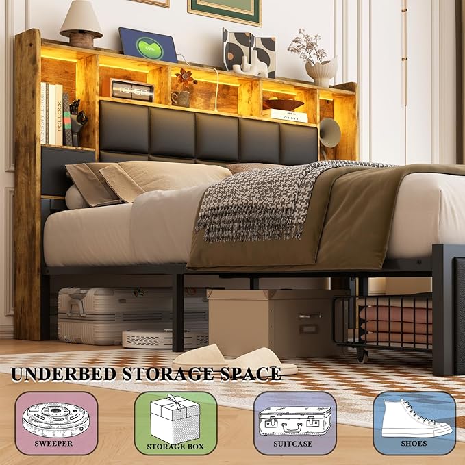 LED Bed Frame Full Size with Bookshelf PU Leather Headboard, 2 Hidden Storage Drawers, Upholstered Platform Bed with Charging Station, Metal Slats Support, Noise Free, No Box Spring Needed