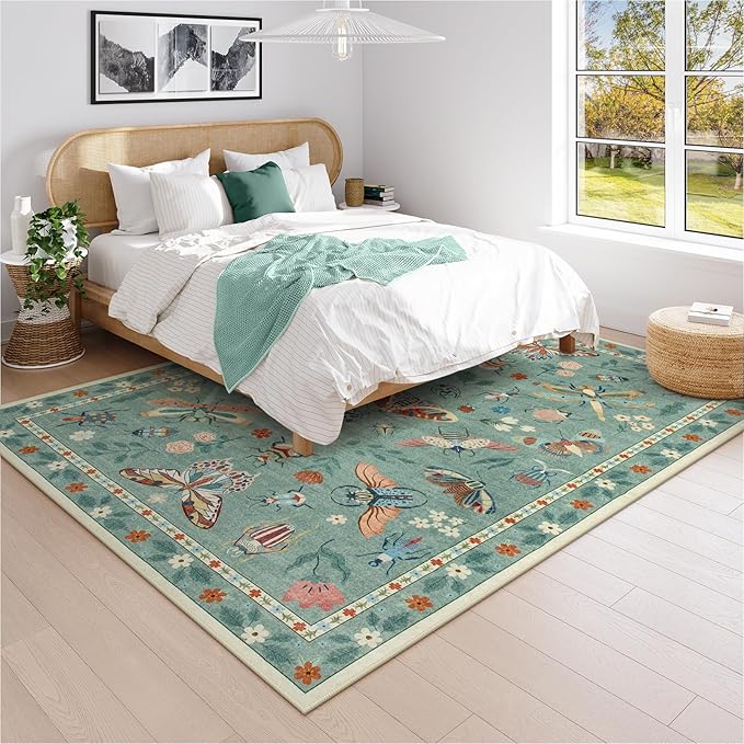 Lahome Insect 8x10 Area Rugs, Soft Washable Rugs 8x10 Living Room Green Rugs for Bedroom Dining Room, Ultra-Thin Modern Rug Stain Resistant Large Carpet for Kids Nursery (8'x10',Green)