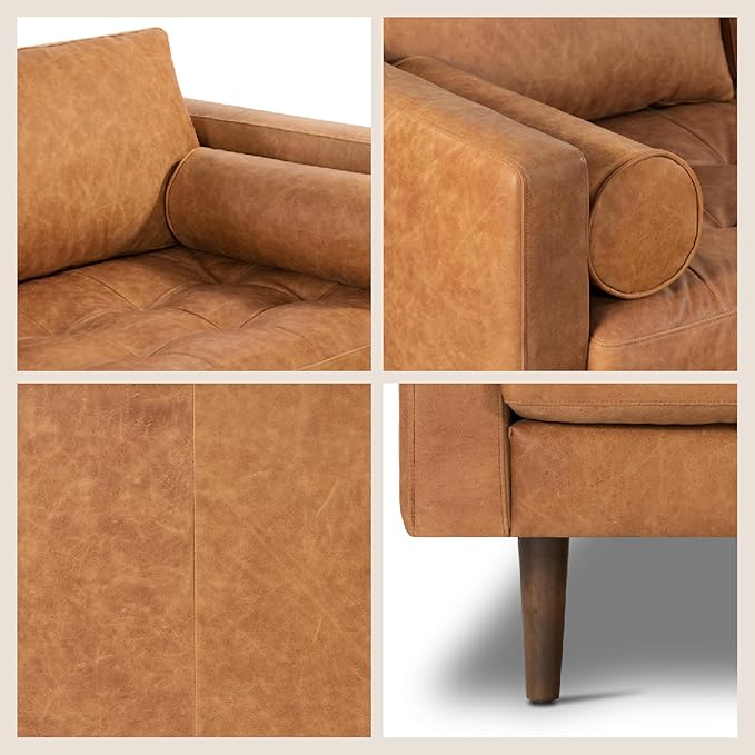 POLY & BARK Napa 104.5" Left-Facing Sectional Sofa – Cognac Tan Full-Grain Pure-Aniline Italian Leather, Feather-Down Cushions, Kiln-Dried Solid Wood Frame, Walnut Legs