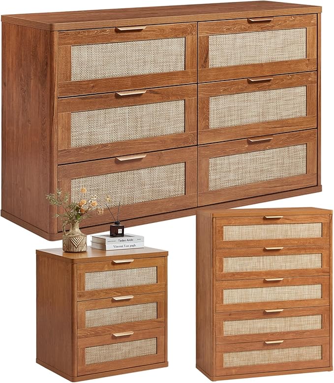 LEYAOYAO Rattan Dresser and Nightstand Sets 3, Boho Wood Dresser for Bedroom with 6 Drawers and Night Stand with 3 Drawer, Bedroom Furniture, Dressers & Chests of Drawers, Living Room, Hallway