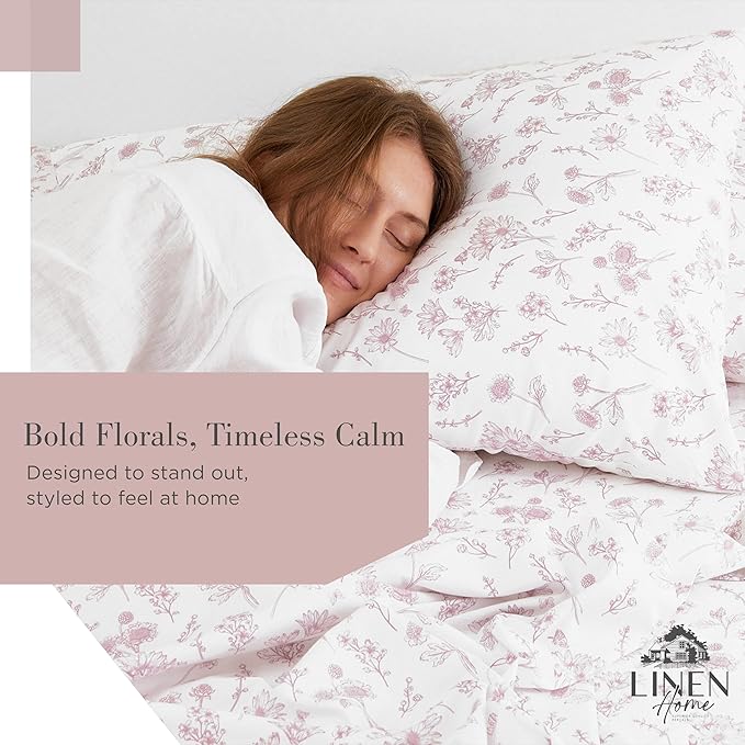Linen Home 100% Cotton Printed Percale Sheets California King Size, Deep Pocket, 4 Pieces Set-1 Flat, 1 Deep Pocket Fitted Sheet and 2 Pillowcases, Crisp Cool Bed Linen, Mauve Botanical Floral