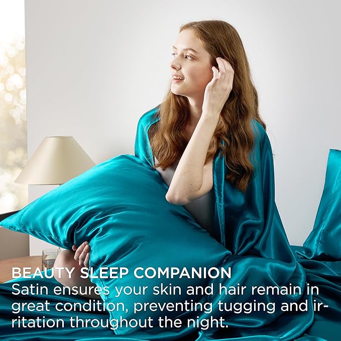 Bedsure Satin Sheets Queen Size - 4 Piece Silky Bedsheets with 15 Inches Deep Pocket Fitted Bedsheet,1 Flat Sheet, 2 Satin Pillowcases, Good for Hair & Skin (Queen, Teal)