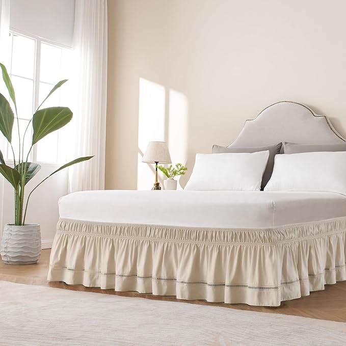MIYE Wrap Around Ruffled Lace Bed Skirt, Elastic Dust Ruffle with Adjustable Belts, Easy to Put On, Bed Frame Cover, Machine Washable (Ruffled Lace/Beige, Full/Twin-15 Drop)