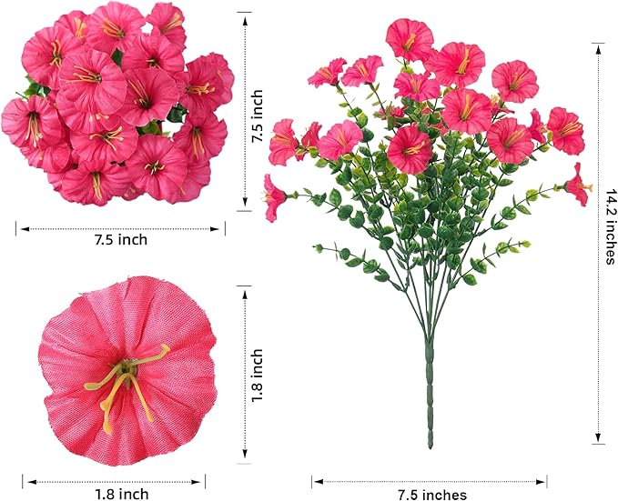 Fake Plants Artificial Flowers for Outdoor Outside Decor, 12 Bundles Faux Flowers Silk Hot Pink Morning Glory with Eucalyptus Look Real UV Resistant Faux Greenery for Planter Front Door Porch Patio