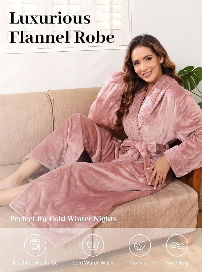 Artfasion Womens Long Fleece Robe - Warm Soft Floor Length Flannel Bathrobes for Winter Thicker Long House Coat with Pockets