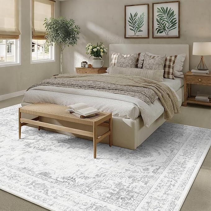 9x12 Vintage Washable Area Rugs Boho Medallion Large Distressed Retro Accent Carpet Floral Non-Slip Soft Low Pile Indoor Throw Rug for Living Room Bedroom Dining Room Office Kitchen, Gray