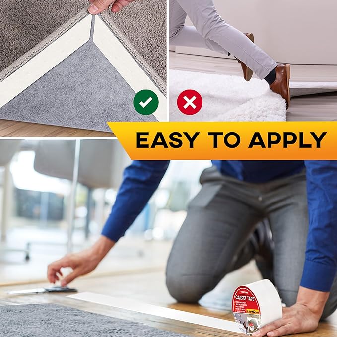 Carpet Tape Double Sided - Rug Tape Grippers for Hardwood Floors and Area Rugs - Carpet Binding Tape Strong Adhesive and Removable, Heavy Duty Stickers Grip Tape, Residue Free (2 Inch / 100 Yards)