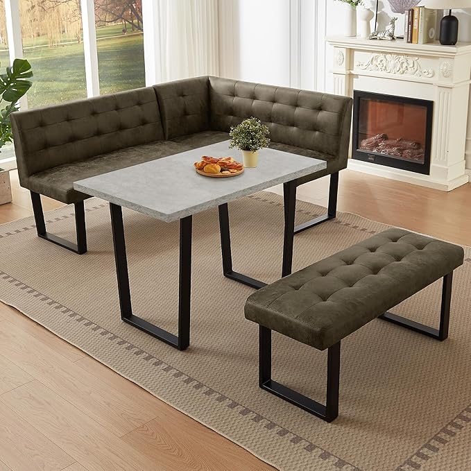 3-Piece Corner Dining Table Set with Bench, 70 Inch Space-Saving Breakfast Nook for Kitchen & Dining Room(Grey Table+Left Seat Brown Chairs)