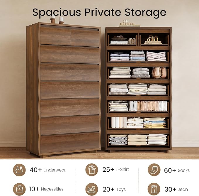Tall Dresser for Bedroom, 61.1" Tall Dresser with 8 Drawers, Wood Dressers & Chests of Drawers, Accent Upright Drawer Organizers for Closet, Hallway