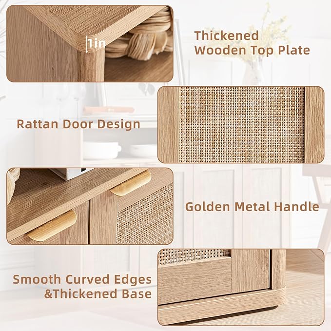 LEYAOYAO Rattan Sideboard Buffet Cabinet,55" Coffee Bar Cabinet with 4 Doors & Open Storage Shelf,Modern Credenza Console Table for Living Room Rattan Farmhouse Entryway Natural