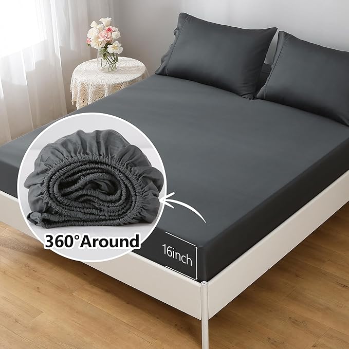 Linen World Cooling Bed Sheets Set Queen Size,100% Organically Grown Viscose Sheets,Deep Pocket Up to 16",4 Pieces Silky Soft,Breathable Bedding Sheets & Pillowcases(Shadow Grey,Queen)