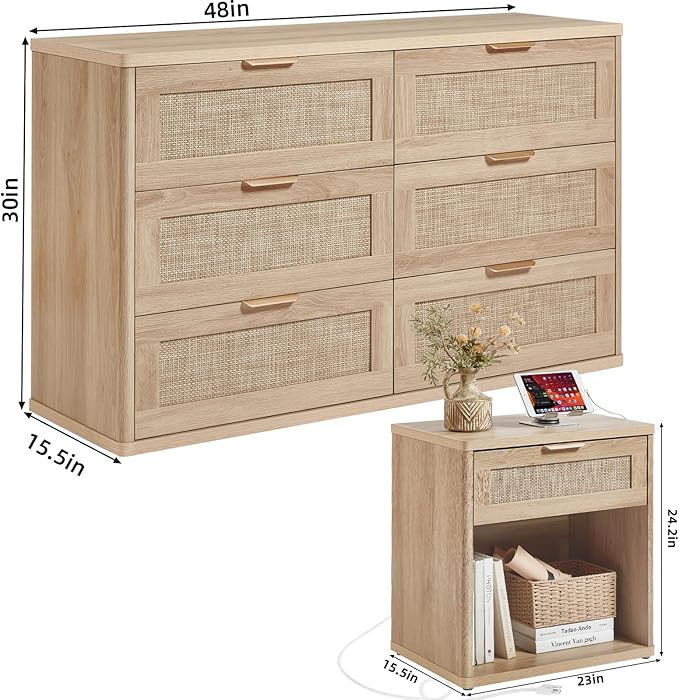 LEYAOYAO Rattan Dresser and Nightstand Set of 2, Boho Wood Dresser for Bedroom with 6 Drawers and Night Stand with Charging Station, Bedroom Furniture, Dressers & Chests of Drawers,Living Room,Hallway