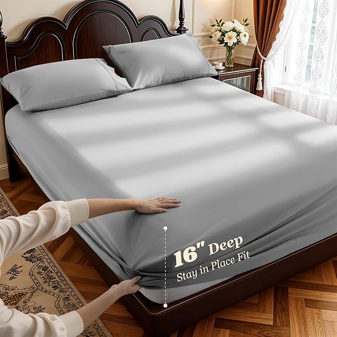 LBRO2M 1000 Thread Count 100% Egyptian Cotton Sheets Set,Full Size Bed Sheet 4 Piece Sets,Long Staple,16 Inches Deep Pocket,All Season,Bedding Super Soft Breathable,Sateen Weave (Grey)