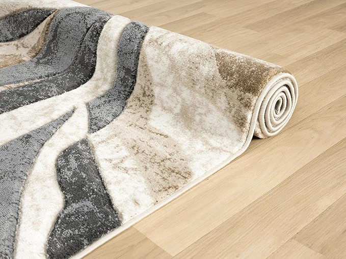 Modern Abstract Area Rug Hand Carved Contemporary Geometric Swirls Vibrant Colors Carpet for Living Room Bedroom Design PR1002 (Beige, 5' x 7')