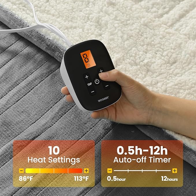 WOOMER Electric Blanket Twin Size,Durable Flannel and Soft Sherpa,Dual Control,62”×84” Heated Throw Blanket, 10 Heat Levels&0.5-12h auto-Off,Energy Efficient,ETL Certified
