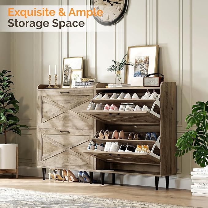VINGLI Shoe Storage Cabinet for Entryway with 2 Flip Drawers, Ultra Slim Freestanding Entryway Shoe Organizer with Wood Tapered Legs,Hidden Closed Shoe Rack,31.6" W * 9.4" D * 39.4" H, Washed Gray