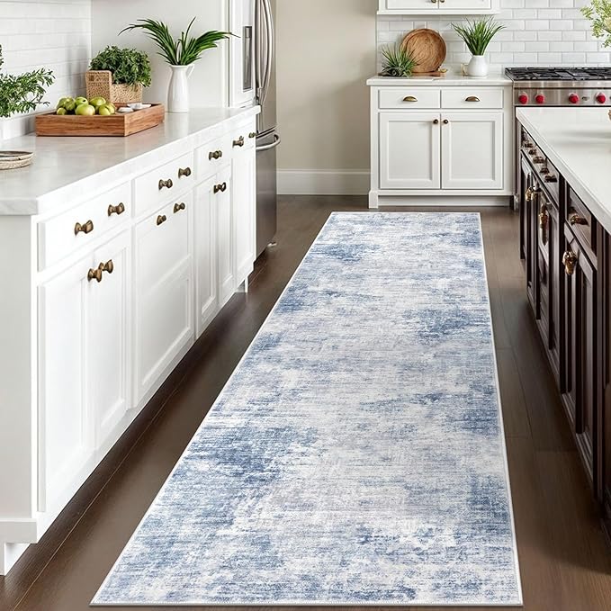 IOHOUZE Abstract Runner Rug 3x10 Ft Washable Runners for Hallways, Non Slip Kitchen Runner Printed Faux Wool Entryway Runner Indoor, Modern Abstract Floor Carpet for Hall Bedroom, Light Blue White