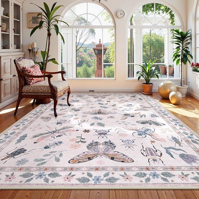 Lahome Insect 9x12 Area Rugs for Living Room Bedroom, Soft Washable Rugs 9x12 Stain Resistant, Ultra-Thin Non-Slip Non-Shedding Accent Carpet for Dining Room Office, Pink