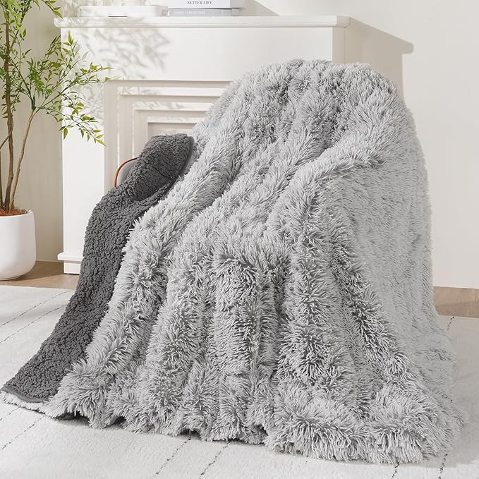 Wemore Shaggy Long Fur Faux Fur Weighted Blanket, Cozy and Plush Sherpa Long Hair Blanket for Adult 15lbs, Fluffy Fuzzy Sherpa Reverse Heavy Blanket for Bed, Couch, Backprint Grey, 48 x 72 Inches