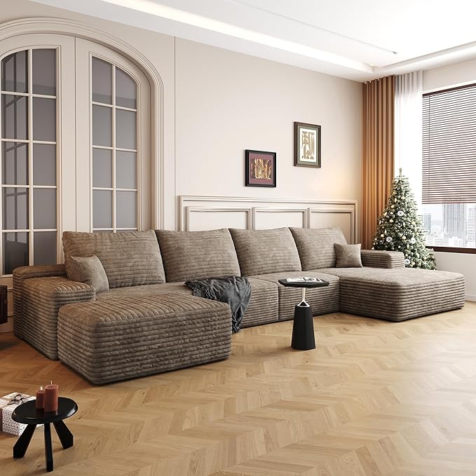 136" Sectional Couches for Living Room Modern Modular Sofa with L-Shape Couchs Upholstered Boneless Couch Deep Seat Sectional Couch with Chaise (Camel, Right Facing Chaise+3Seaters+Ottoman)