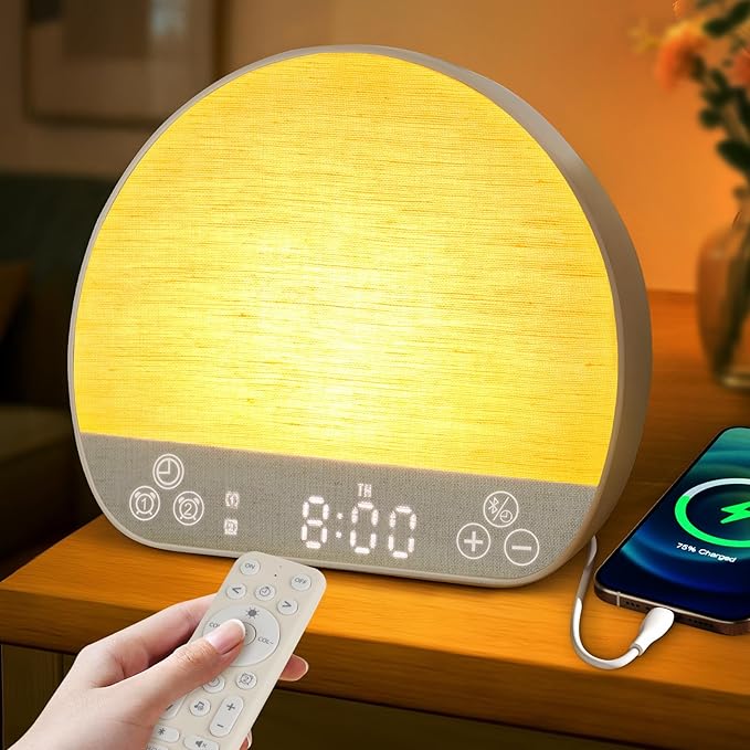 Sunrise Alarm Clock Sound Machine, Wake Up Light - Bluetooth Speaker, Dual Alarms, Dimmable Clock, USB Charging, Snooze, 37 Sleep Sounds, 15 Colors, Timer-Night Light for Heavy-Sleepers Gift