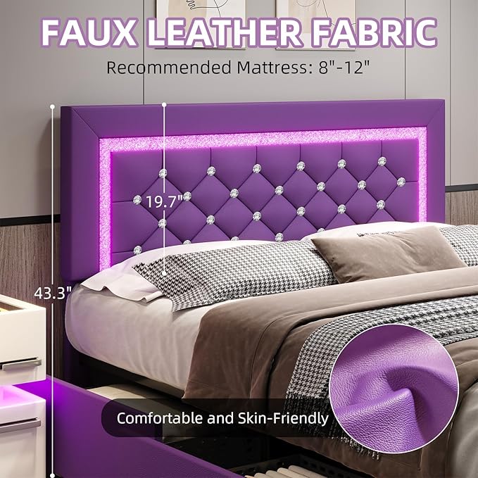 BarnFurin Queen Size Bed Frame with Headboard, Faux Leather Upholstered Bed with Diamond Tufted Design, Mordern Bed Frame with Wooden Slats Suppor, No Box Spring Required, Easy Assembly, Purple