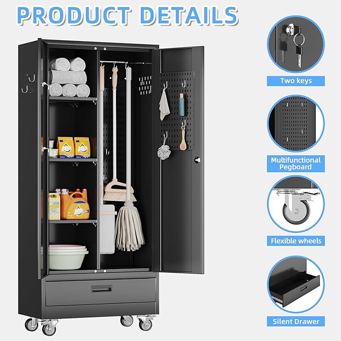31.5 in Wide Garage Storage Cabinet with Wheels, Metal Storage Cabinet with 1 Drawer and 3 Adjustable Shelves for Home Offices, Gyms and Pantries, Black