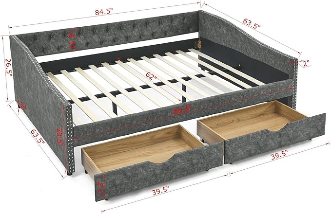 Favfurish Queen Size Daybed with Two Drawers, Upholstered Tufted Sofa Bed with Button on Back and Copper Nail on Waved Shape Arms for Small Space,Livingroom,Bedroom,Grey (84.5"x63.5"x26.5")