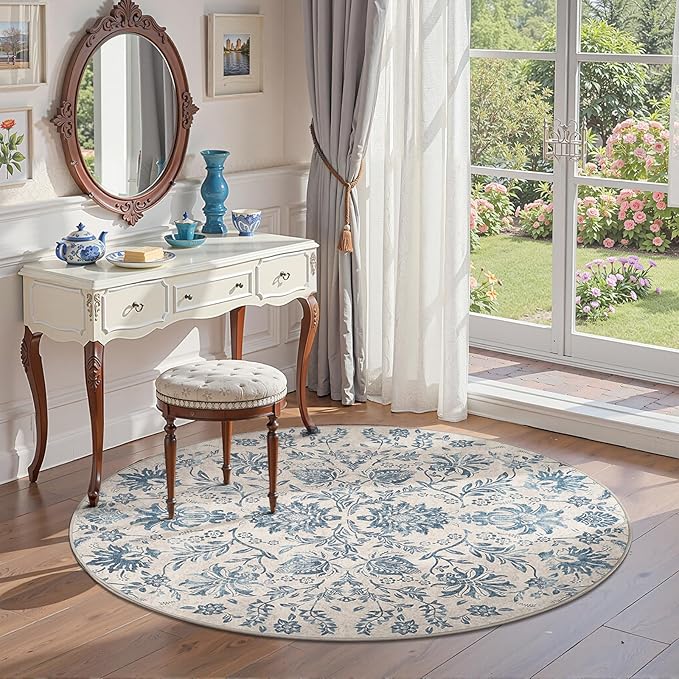 jinchan Torino Classic Floral Round Rug 5ft, Vintage-Inspired Design 5’Circle Rug, Machine Washable Ultra-Thin Low-Pile Non-Slip Indoor Carpet for Bedroom Dining Room Living Room Entryway, Dark Blue