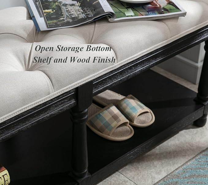 DUOMAY Mid-Century Tufted Storage Bench with Shelf, Linen Upholstered Farmhouse Entryway Shoe Bench Ottoman Bed End Stool for Bedroom Living Room Dining Room, Black Wood Frame, White