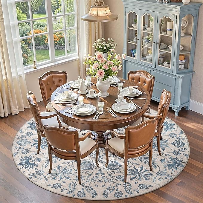 jinchan Torino Classic Floral Round Rug 8ft, Vintage-Inspired Design 8’Circle Rug, Machine Washable Ultra-Thin Low-Pile Non-Slip Indoor Carpet for Bedroom Dining Room Living Room, Dark Blue