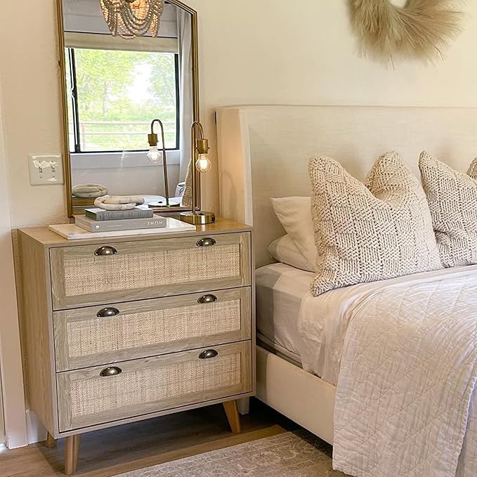 PHI VILLA Rattan Dresser - Nightstand with Drawer Boho Small Cabinet 3 Drawer Dresser, Bedside Table
