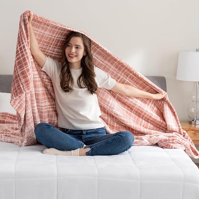 Berkshire Blanket-Classic Heavyweight Soft Printed VelvetLoft® Plush Warm Blanket, Twin Size Soft Fuzzy Blanket for Couch Sofa Bed, Watercolor Plaid Blush, 60in x 90in