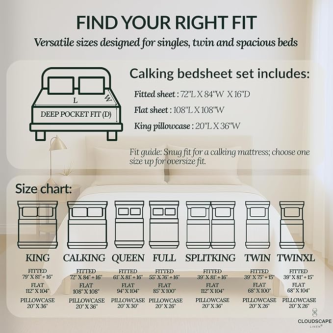 Cloud Scape Linen 100% Egyptian Cotton California King Sheet Set, 400 Thread Count,4 Pieces Luxury Bedding Set, Hotel Quality, Silky Soft, Breathable and Durable, Deep Pockets up to 17, Ivory