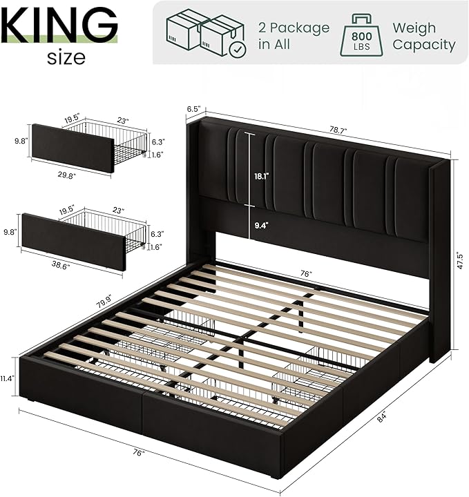 LARMACE King Size Bed Frame with 4 Storage Drawers and Wingback Headboard Velvet Upholstered Platform Bed Frame with Wooden Slats, Easy Assembly, Black