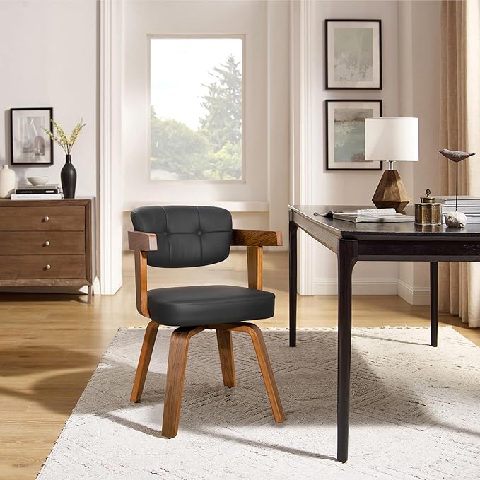 Art Leon Home Office Desk Chair - Mid Century Modern Chair, Faux Leather Office Chair No Wheels, Comfy Accent Arm Chair with Wood Legs for Small Spaces Living Room Bedroom Study, Black/Walnut