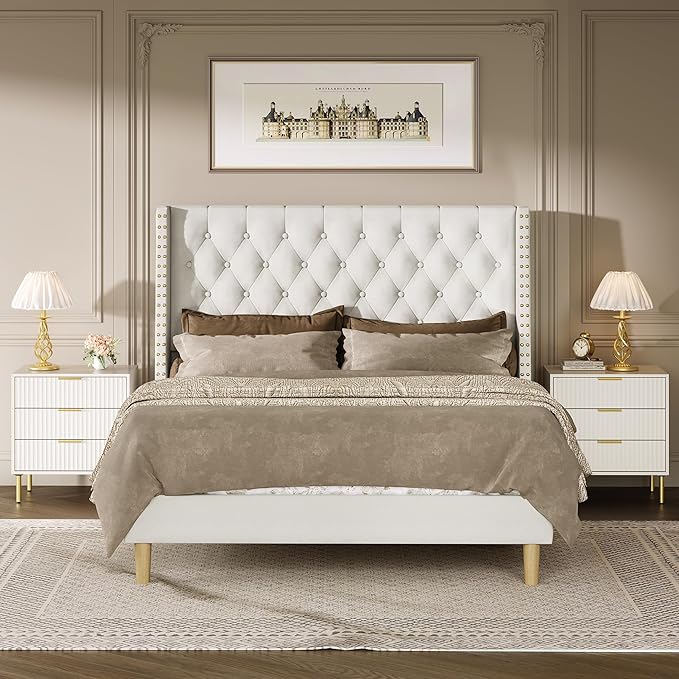 Queen Bed Frame White Velvet, 47.2" Tall Wingback Headboard with Gold Nailhead Trim, Upholstered Platform Bed with Diamond Tufting, 1000lbs Heavy Duty Support, No Box Spring Needed