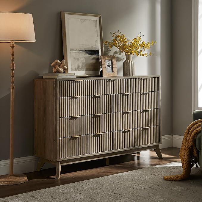 T4TREAM Fluted 9 Drawer Dresser, Modern Chest of Drawers, Curved Profile Design, Dresser TV Stand, Wood Drawer Organizer for Bedroom, Living Room, Hallway, Grey Alder