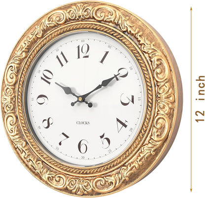 Menterry European Vintage Decorative Wall Clock, 12" Antique Gold Style, Battery Operated Wall Clocks for Kitchen, Bedroom, Farmhouse, Bathroom, Offices