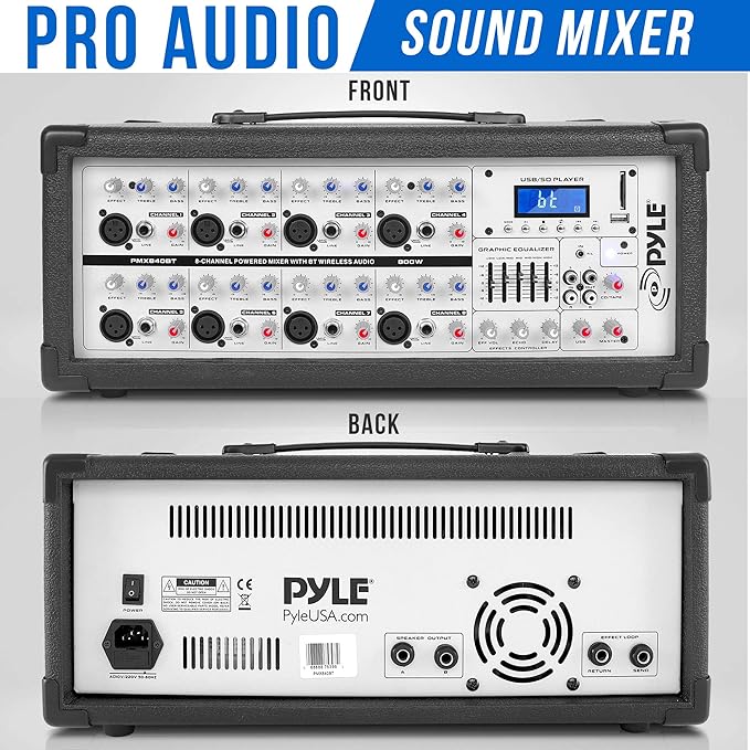Pyle 800W Bluetooth Stage Powered Mixer - 8-Channel Pro Audio Sound System with MP3/USB/SD Readers - RCA/1/4” Effects Loop - Aux Input - Digital LCD Display - Built-in Cooling Fan - PMX840BT