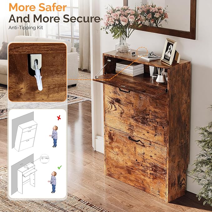 VINGLI Shoe Cabinet Storage for Entryway Ultra Slim with 2 Flip &1Drop-Down Drawers, 24.8" W Narrow Shoe Cabinet for Front Door Entrance,Freestanding Rustic Brown Wood Shoes Organizer for Hallway