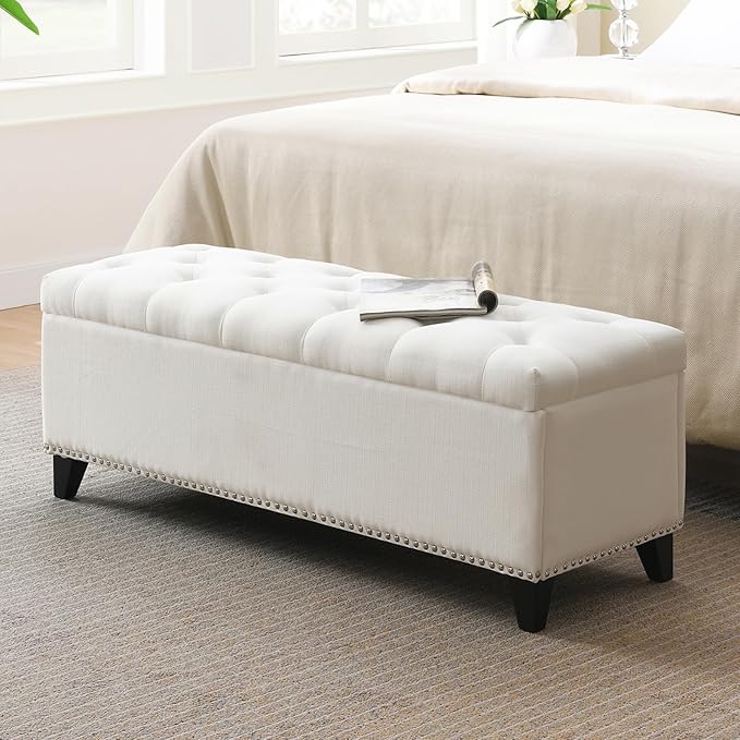 47.5“ Storage Ottoman Bench, Upholstered Button-Tufted End of Bed Bench with Soft-Close Hinge & Solid Wood Legs, Foot Rest for Living Room, Bedroom, Hallway (Linen, White)