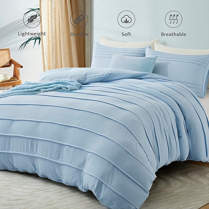 Oli Anderson Airy Blue Duvet Cover King Size - Pleated King Duvet Cover, 3PCS Soft and Breathable Textured Bedding Set with Zipper Closure(Airy Blue,104"x90")