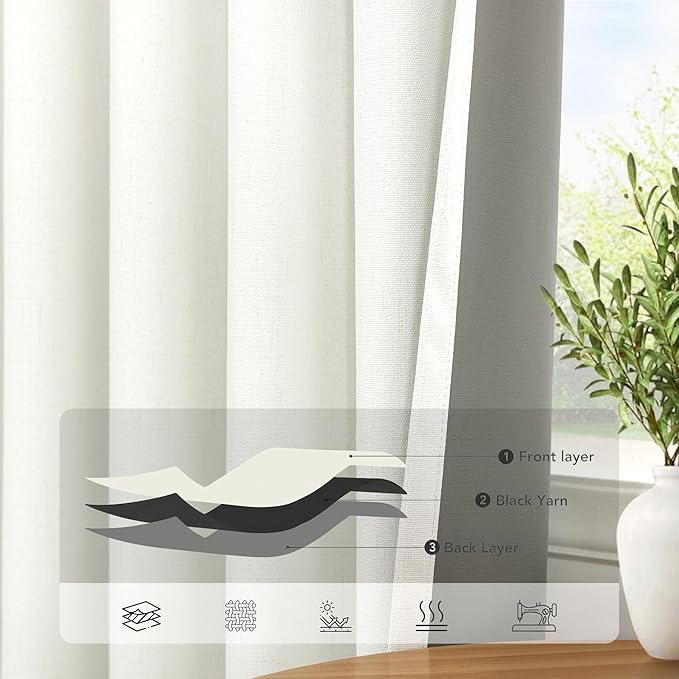 Pitalk Short Linen Textured Blackout Curtains for Kitchen Door 45 Inch Length Bedroom Living Room Bathroom Heat Light Blocking Cute Curtain 45 Inch Long 2 Panel Set Ivory Off White Back Tab Rod Pocket